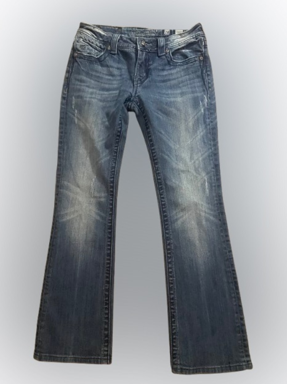Miss Me Jeans Sz 28 Bootcut Blue Denim Embellished Rhinestone Studs Low Rise